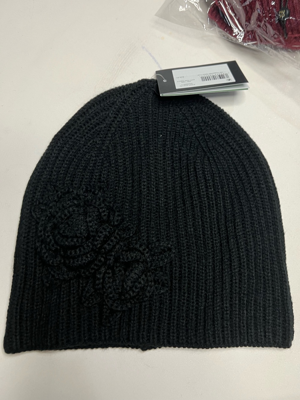 kate spade Black Ribbed Knit Beanie with Crocheted Floral Accent